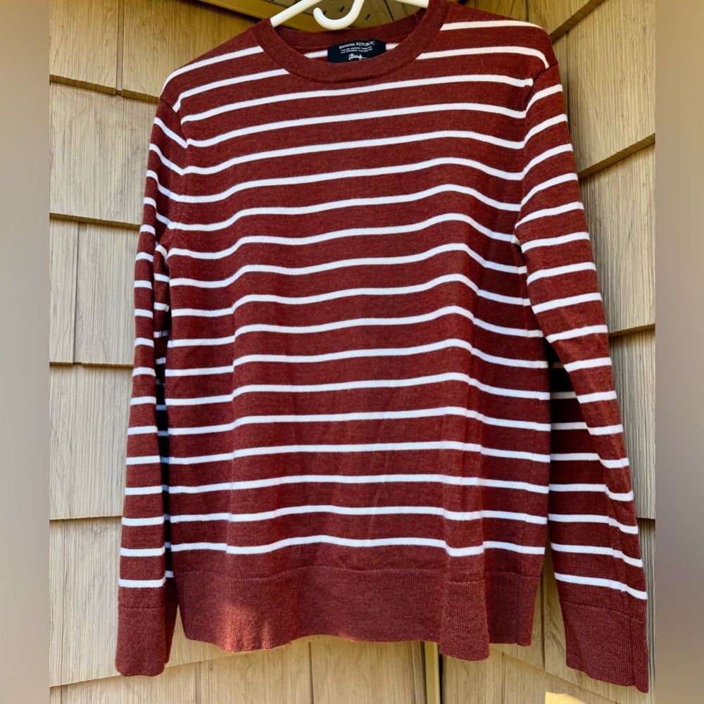 Banana Republic Merino Wool, Maroon and White Striped Crewneck Sweater, Unisex